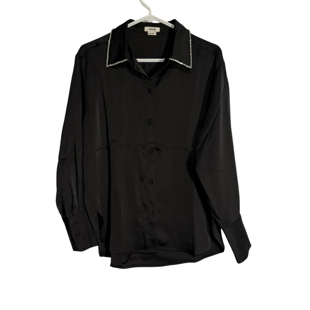 Jason Wu Black Satin Button Up Blouse With Rhines… - image 1